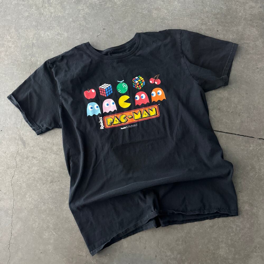 Vintage Y2K Rubik's Cube Pac-Man Arcade Short Sleeve Black Graphic T-Shirt L